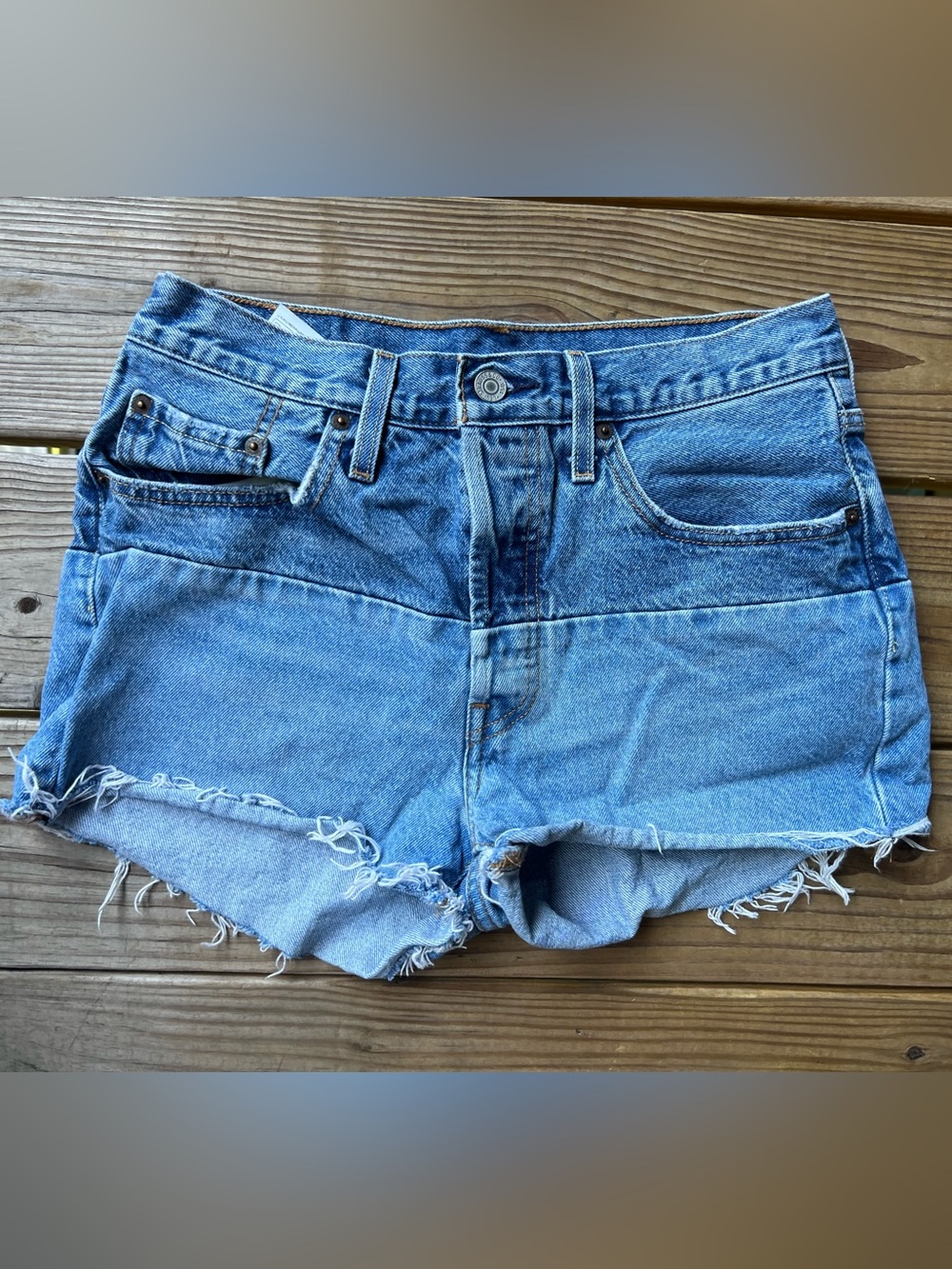 Levi’s 501 High Rise Pieced 150th Anniversary Frayed Hem Jean Shorts Size 28